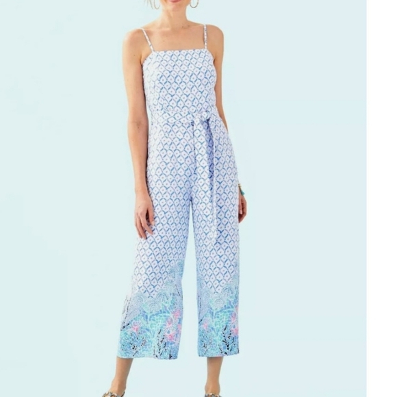 Lilly Pulitzer Pants - Lilly Pulitzer Sandra Jumpsuit Sea la Vie Size 4 Wide Leg Tie Belt White Blue